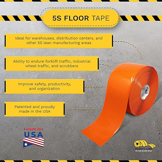 Mighty Line Solid Floor Marking Tape for Safety, Caution, Warning, Heavy-Duty, Peel and Stick Adhesive, Beveled Edge Design, Industrial Quality, 6 inch, 100' Roll, Orange