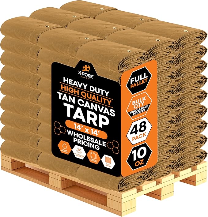 Xpose Safety 10oz Tan Canvas Tarps 14' x 14' – Bulk Full Pallet (48 Packs) – Multipurpose Heavy Duty Water-Resistant Tarpaulin with Brass Grommets for Camping, Canopy & Equipment Protection