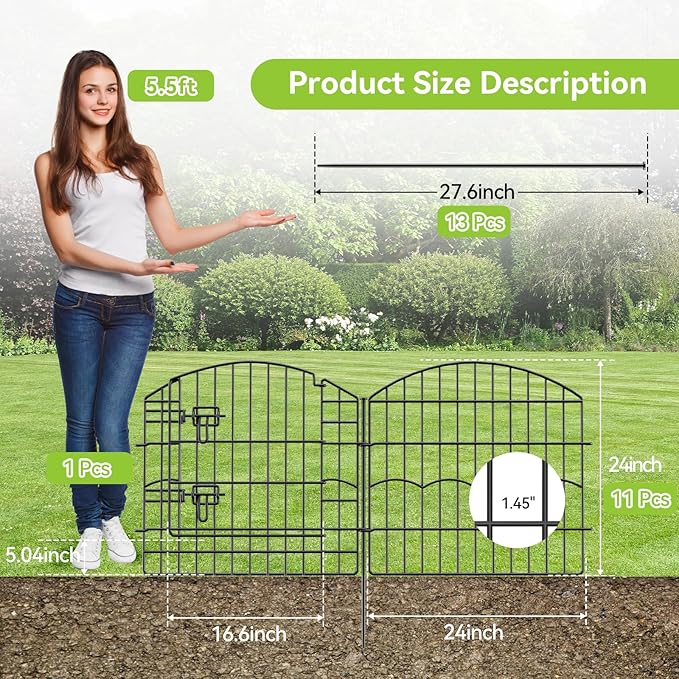 Decorative Garden Fence 12 Panels 24ft (L)×24in (H) Metal Garden Fences with 11 Panels + 1 Gate, No Dig Animal Barrier Fencing Rustproof Wire Border Temporary Dog Fence for Patio Outdoor Yard Lawn