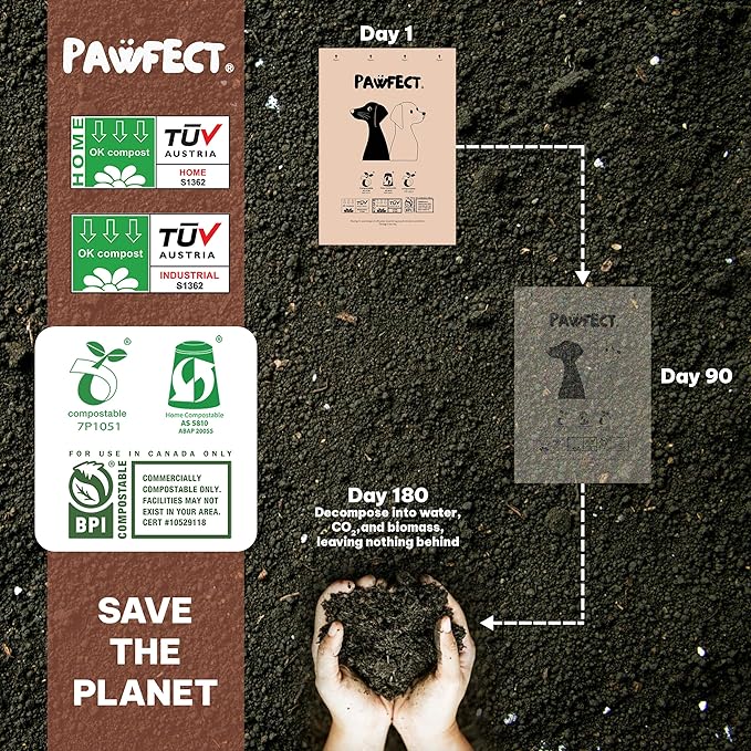 Pawfect Dog Poop Bags Rolls – Home Compostable Doggie Bags, Compostable Dog Waste Bags, BPI Certified Pet Waste Bags, Unscented, Large, Puppy Poo, Earth Friendly, Bolsas de Basura (240 Counts)