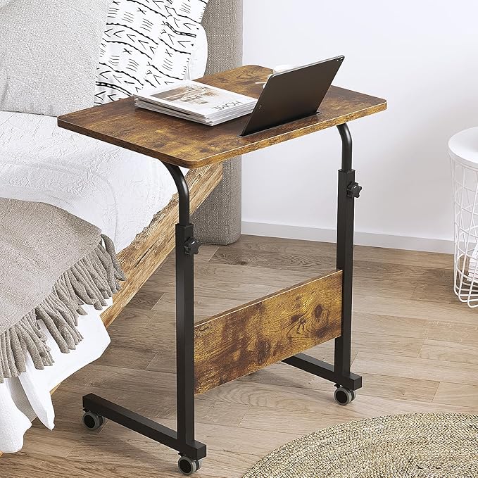 DlandHome Rolling Desk Mobile Standing Desk Mobile Side Table 23.6 Inches w/Wheels Adjustable Movable Portable Laptop Computer Stand for Bed Sofa,Retro,05-1-60FG