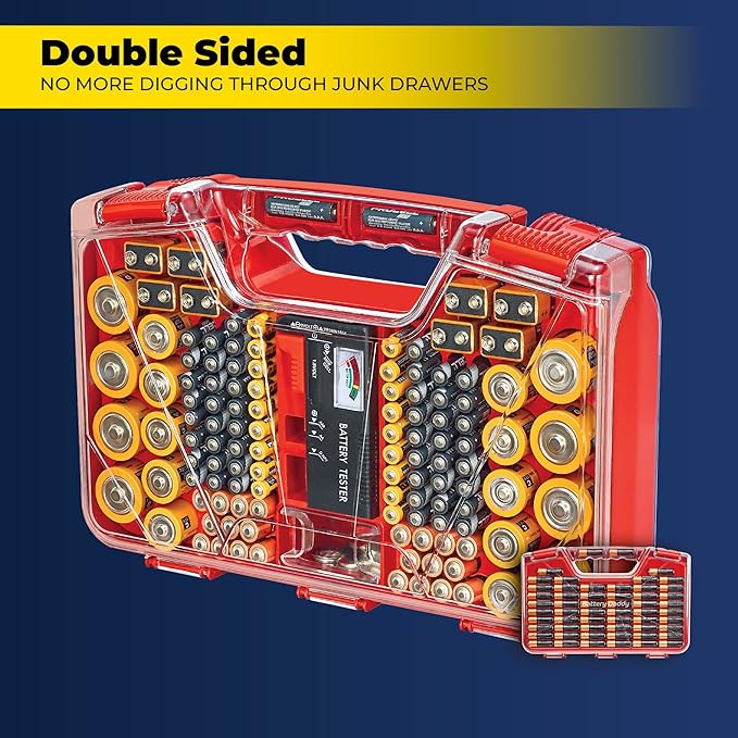 Ontel Battery Organizer with Tester | Stores 180 Batteries | Clear Locking Lid | As Seen On TV | Pack of 2