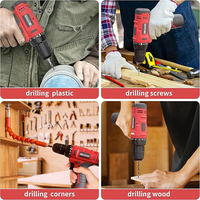 FADAKWALT Cordless Drill Set, 12V Power Drill With Battery and Charger, Electric Driver/Drill Bits, 3/8'' Keyless Chuck, 21+1 Torque Setting, 180 inch-lbs, LED, Red