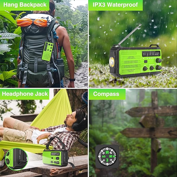 Emergency Radio 22200mWh Solar Hand Crank Emergency Radio: AM/FM/NOAA Weather Radio with Phone Charger, Flashlight & Reading Lamp, Headphone Jack, SOS Alarm for Home Survival Hurricane