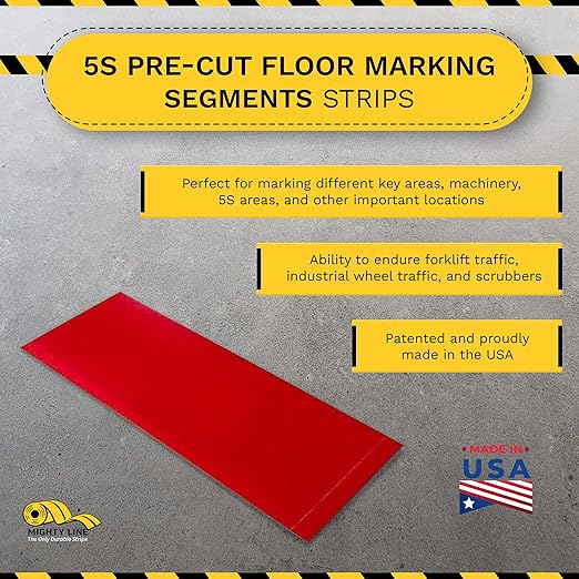 Mighty Line Floor Marking Tape Strips for Safety, Caution, Warning, Heavy-Duty, Peel and Stick, Adhesive, Industrial Quality, Red, 6" by 10"