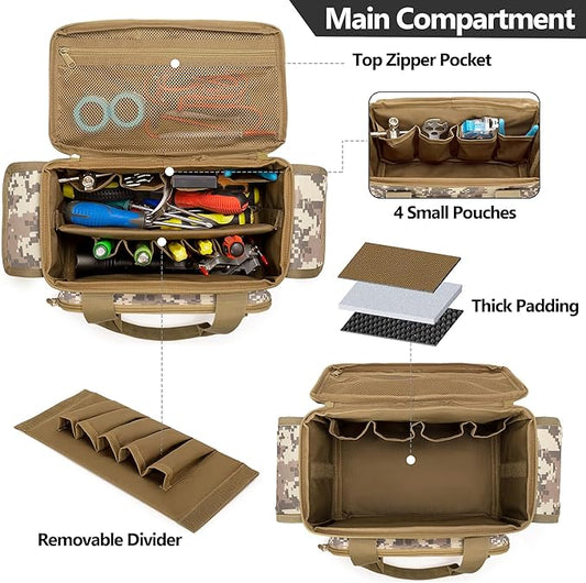 Small Tool Bag with Anti-friction and Thick Padded Bottom, Tool Storage Organizer for Men, Tactical Range Bag, Multi-functional Work Bag for Repairman, Electrician, Carpenters (Camo)