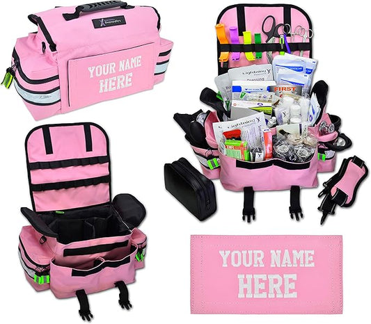 Lightning X Personalized First Responder EMT EMS Trauma Bag w/Stocked First Aid Fill Kit B & Custom Embroidered Name Patch (Pink)