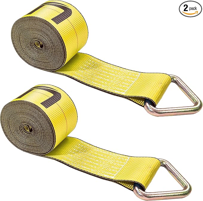 US Cargo Control 4 Inch Winch Strap with D-Ring Fitting, 27 Feet Long, Heavy Duty Trailer Winch Strap for Safe Cargo Securement, Zinc-Coated D-Ring for Easy Attachment, Yellow, 2-Pack