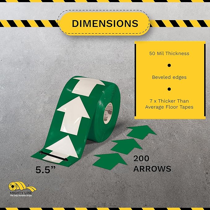Mighty Line 5.5" Wide Solid Arrows Roll, Directional Sticker Sign Floor Marking Tape for Safety, Caution, Warning, Heavy-Duty, Peel and Stick, Adhesive, Industrial Quality, Green, Pack of 200