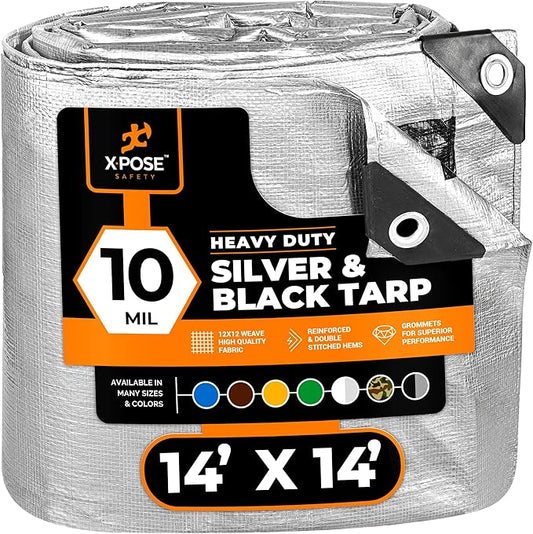 Heavy Duty Poly Tarp - 14' X 14' -10 Mil Thick Waterproof, UV Blocking Protective Cover - Reversible Silver and Black - Laminated Coating - Grommets - by Xpose Safety