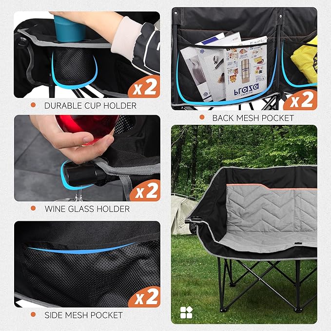 Double Camping Chair, Padded Loveseat Camping Couch, Oversized 2 Person Camp Chairs with Carry Bag,Heavy Duty Folding Lawn Chair for Adults Portable Outdoor Folding Sofa for Patio Backyard, Black