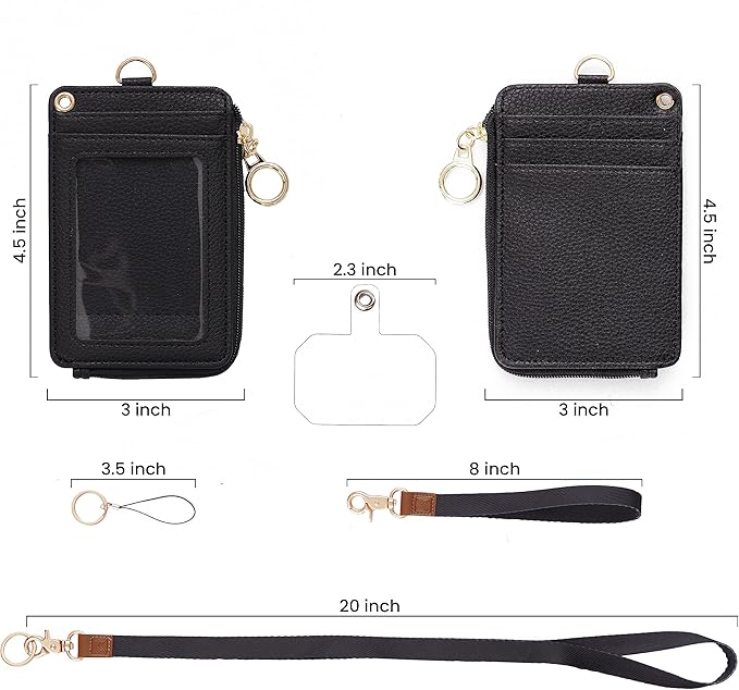 2-in-1 ID Badge Holder & Lanyard Wallet - Multi-Use Womens Small Wallet with Removable Wristlet & Neck Lanyard, Clear Window, 5 Card Slots, Phone Holder, Ring Keychain - Black