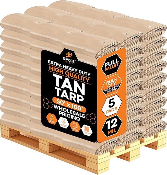 Heavy Duty Tan Poly Tarp 50' X 100' - Bulk Full Pallet (5 Pack) - Multipurpose Protective Cover - Durable, Weather Proof & Tear Resistant - 12 Mil Thick Polyethylene - by Xpose Safety