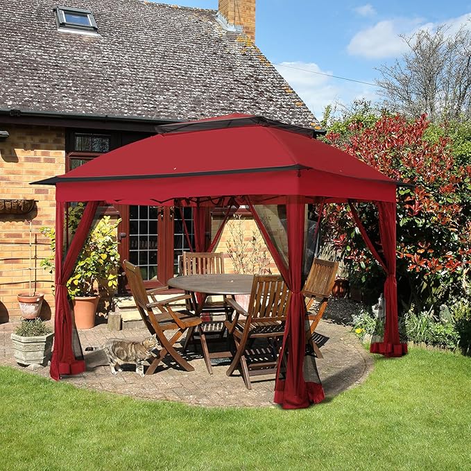 COOS BAY 11x11 Pop-Up Instant Gazebo Tent with Mosquito Netting Outdoor Canopy Shelter with 121 Square Feet of Shade (Red)