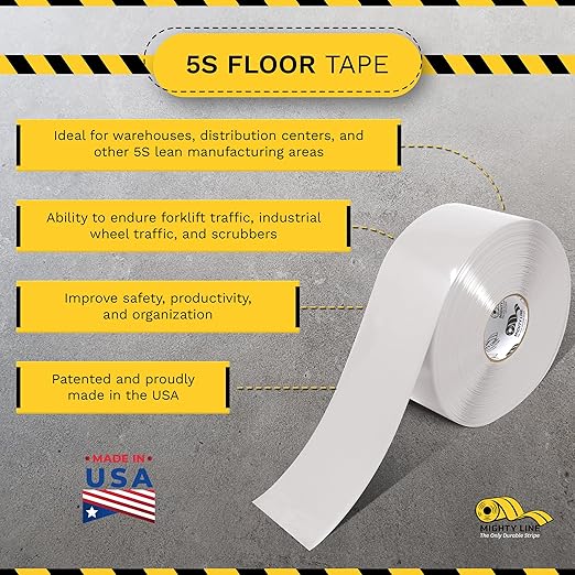 Mighty Line Solid Floor Marking Tape for Safety, Caution, Warning, Heavy-Duty, Peel and Stick Adhesive, Beveled Edge Design, Industrial Quality, 4 inch, 100' Roll, White