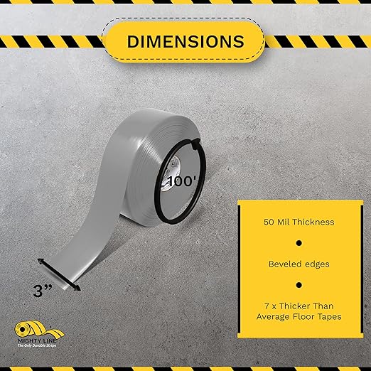 Mighty Line Solid Floor Marking Tape for Safety, Caution, Warning, Heavy-Duty, Peel and Stick Adhesive, Beveled Edge Design, Industrial Quality, 3 inch, 100' Roll, Gray