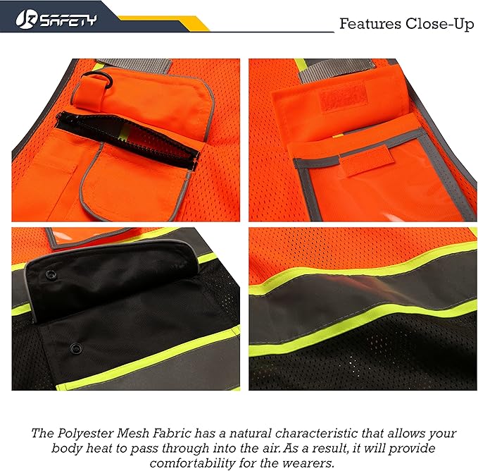 JKSafety 9 Pockets High Visibility Zipper Front Safety Vest With Reflective Strips,Meets ANSI/ISEA Standard (100-Orange-Black,XL)