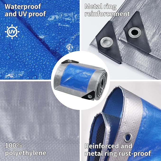 TARPAL Tarp 20x20 Feet Waterproof Large tarps 7.5mil Multipurpose Protective for Outdoors,UV Protection,Rip and Tear Proof,Poly Tarpaulin(Silver/Blue)
