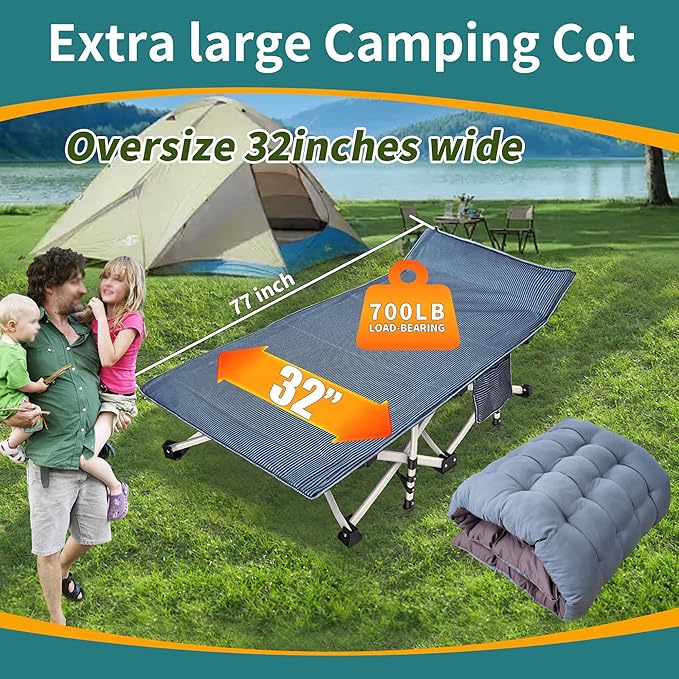 Oversize XXL Camping Cot with Comfortable Mattress for Adults Extra Wide Cots for Sleeping with Carry Bag Folding Cot Camping Bed 79" L x 32" W x 18" H Heavy Duty Indoor Outdoor