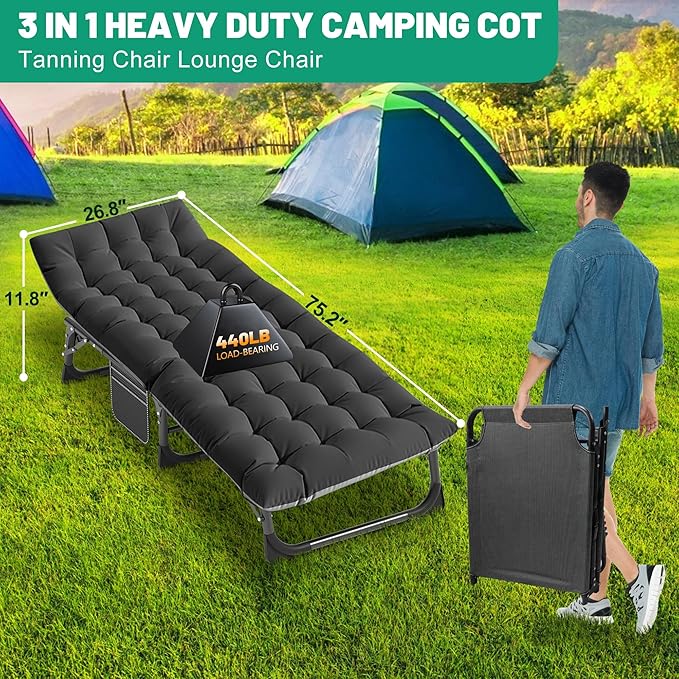 ABORON Patio Lounge Chair, Folding Guest Bed Cot for Adults, 500LB Heavy-Duty Capacity, Portable Extra Bed with Comfort Mat, Quick Fold Design for Indoor Guest Stays & Temporary Use