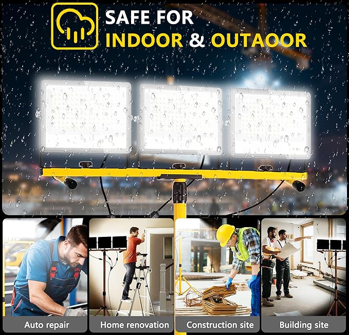 45000 Lumen LED Work Lights with Stand - 3 Head Portable Work Light with Tripod - IP65 Waterproof Tripod Work Lights for Outdoor Indoor Job Site Workshop Garage Construction Site Lighting