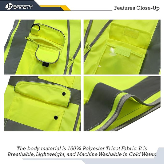 JKSafety 9 Pockets Class 2 High Visibility Zipper Front 6 Pack Safety Vest With Reflective Strips,Meets ANSI/ISEA Standard （155 Yellow XXL