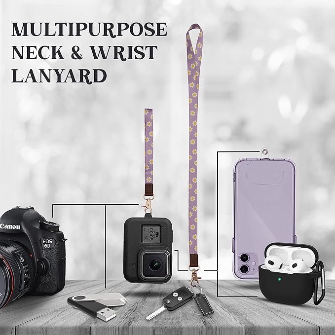 2-in-1 ID Badge Holder & Lanyard Wallet - Multi-Use Womens Small Wallet with Removable Wristlet & Neck Lanyard, Clear Window, 5 Card Slots, Phone Holder, Ring Keychain - Purple Daisies