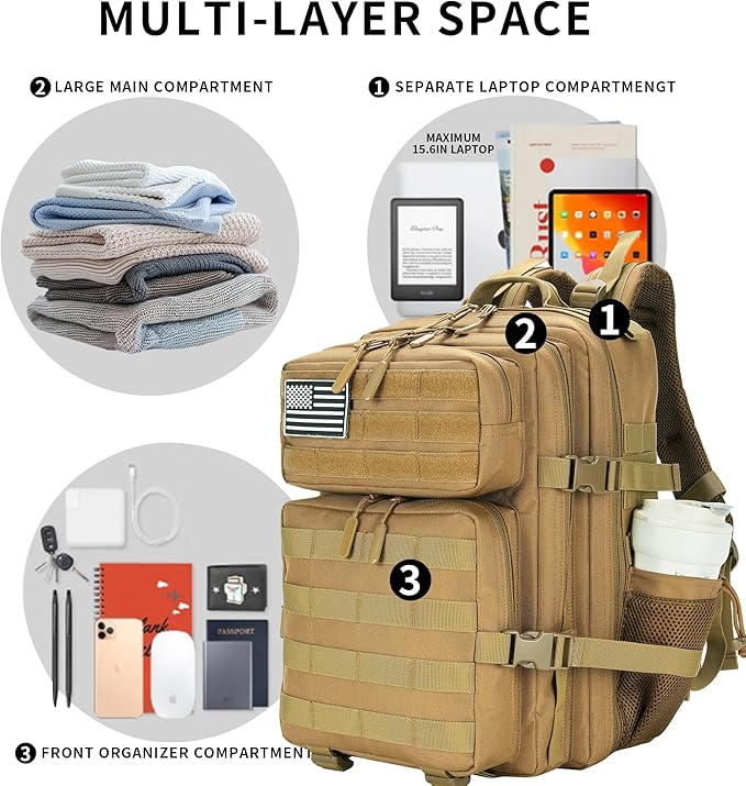 25L Military Tactical Backpack Small Assault Pack Molle Daypack for Men and Women for Work Travel Gym Outdoor Hiking Camping (Khaki)