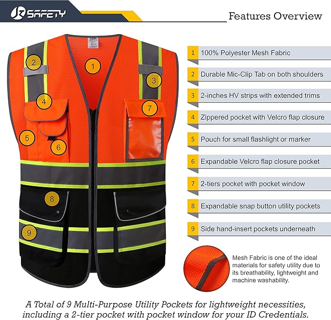 JKSafety 9 Pockets High Visibility Dual Color Zipper Front MESH Lite Safety Vest | Yellow Color Triming Reflective Strip | ANSI/ISEA Standards (100-Orange-Black, XXL)