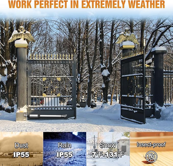 JUJIANG C01 Solar Gate Opener with Batteries & Solar Panel for Single Swing Gates Up to 440lb 12FT Automatic Gate Openers with Remote Complete Kit Light Duty Automatic Gate Openers Solar Powered