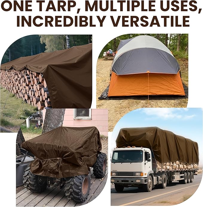 Heavy Duty Tarp 9 Mil Outdoor Ultra-Light Multi-Purpose Waterproof Reinforced Durable Rip-Stop Tarps with Grommets - 8 x 10 Feet, Brown Sliver