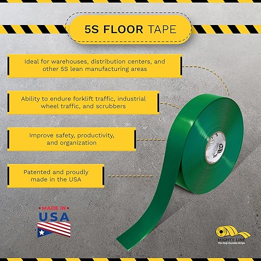 Mighty Line Solid Floor Marking Tape for Safety, Caution, Warning, Heavy-Duty, Peel and Stick Adhesive, Beveled Edge Design, Industrial Quality, 2 inch, 100' Roll, Green