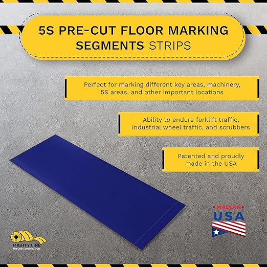 Mighty Line Floor Marking Tape Strips for Safety, Caution, Warning, Heavy-Duty, Peel and Stick, Adhesive, Industrial Quality, Blue, 4" by 10"