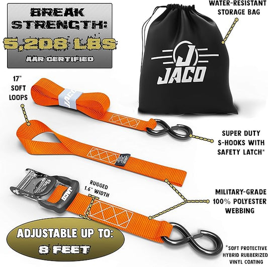 JACO Heavy Duty Ratchet Straps - 1.6 inch x 8 ft (Pack of 4) | Tie Down Kit with Soft Loops - 5,208 lbs (Orange)