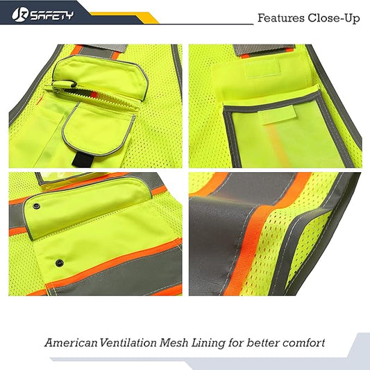 JKSafety 9 Pockets Hi-Vis Neon Yellow Zipper Front MESH Safety Vest with Fluorescent Orange Extend Edge outlining the Reflective Tapes Meet ANSI/ISEA Class 2 Standard (100-Yellow, XXL)