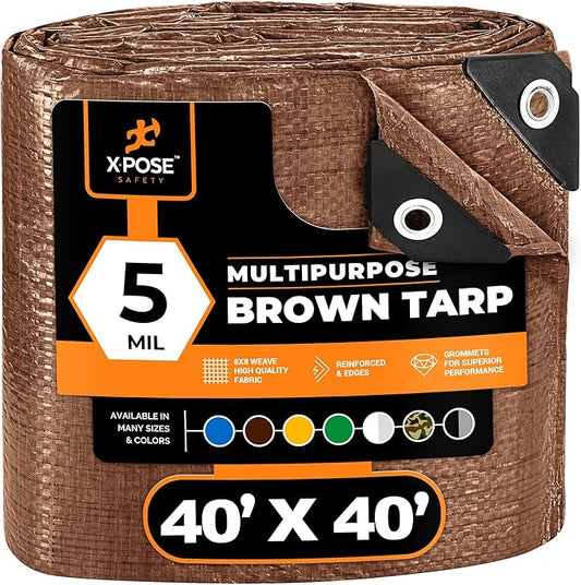Multipurpose Protective Cover Brown Poly Tarp 40' x 40' - Durable, Water Resistant, Weather Resistant - 5 Mil Thick Polyethylene - by Xpose Safety