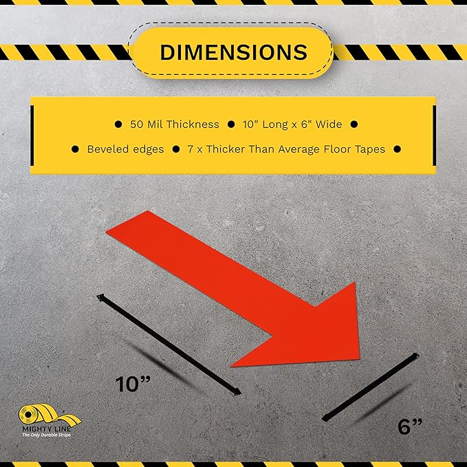 Mighty Line Solid Arrows Directional Sticker Sign Floor Marking Tape for Safety, Caution, Warning, Heavy-Duty, Peel and Stick Adhesive, Industrial Quality, Red, 10"x6", 50 Pack