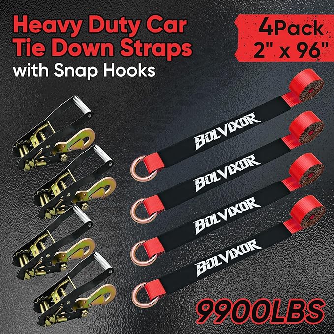 4 Pack Car Tie Down Straps for Trailers - 2" x 96" - 9900LBS Break Strength - Tire Ratchet Strap with Snap Hooks - Adjustable Wheel Straps for Hauling UTV, SUV, Truck, Any Cars