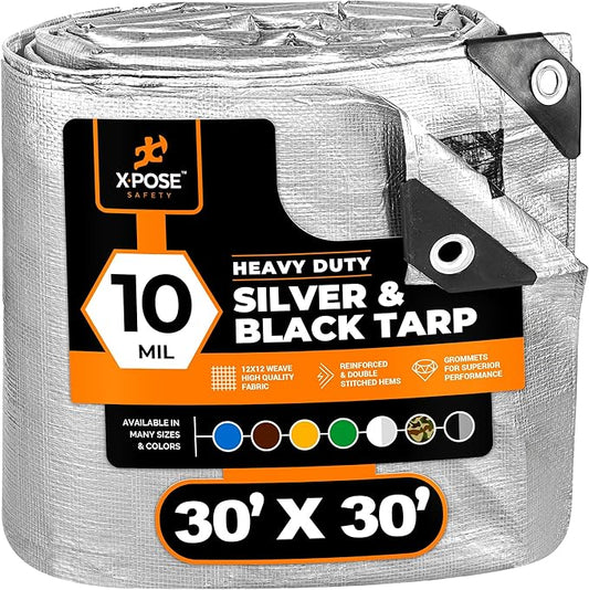 Heavy Duty Poly Tarp - 30' x 30' - 10 Mil Thick Waterproof, UV Blocking Protective Cover - Reversible Silver and Black - Laminated Coating - Grommets - by Xpose Safety