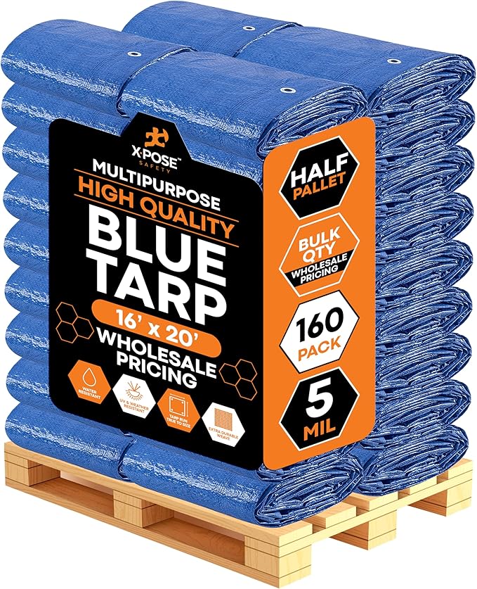 Better Blue Poly Tarp 16' x 20' - Bulk Half Pallet (160 Pack) Multipurpose Protective Cover - Lightweight, Durable, Waterproof, Weather Proof - 5 Mil Thick Polyethylene - by Xpose Safety