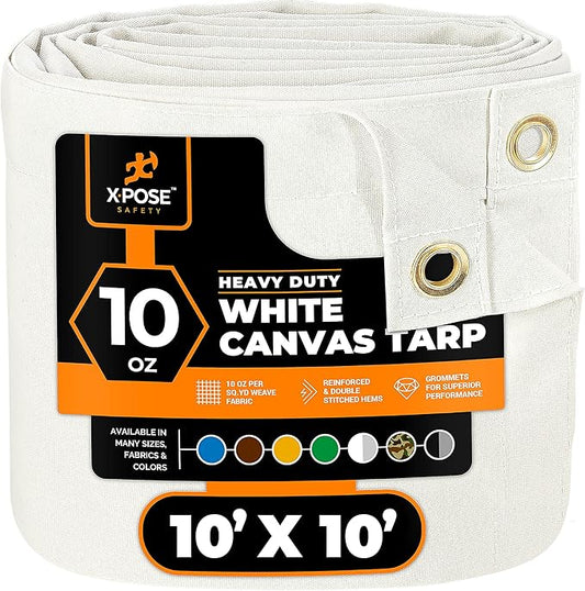 Xpose Safety Canvas Tarp - 10oz White Canvas Tarps Heavy Duty Water Resistant with Brass Grommets- Multipurpose Outdoor Tarpaulin for Camping, Canopy, Trailer, Equipment Cover 10' x 10'