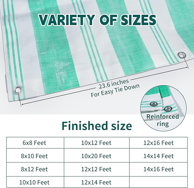 TARPAL Heavy Duty Poly Tarp 10x20 Feet 12mil Striped tarp Multipurpose Protective Cover Durable, Waterproof, Weather Proof, UV,Rip and Tear Proof（Green/White）