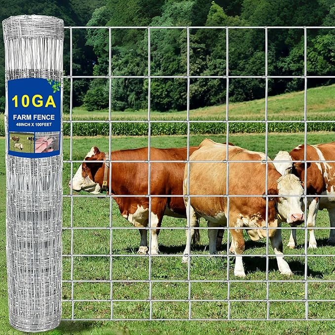 10GA Thickened Heavy Duty Farm Fence, 4ftx100ft Galvanized Cattle Goat Fence, Heavy Zinc Coating Wire Fencing, Wire Fencing for Hog Deer Horse