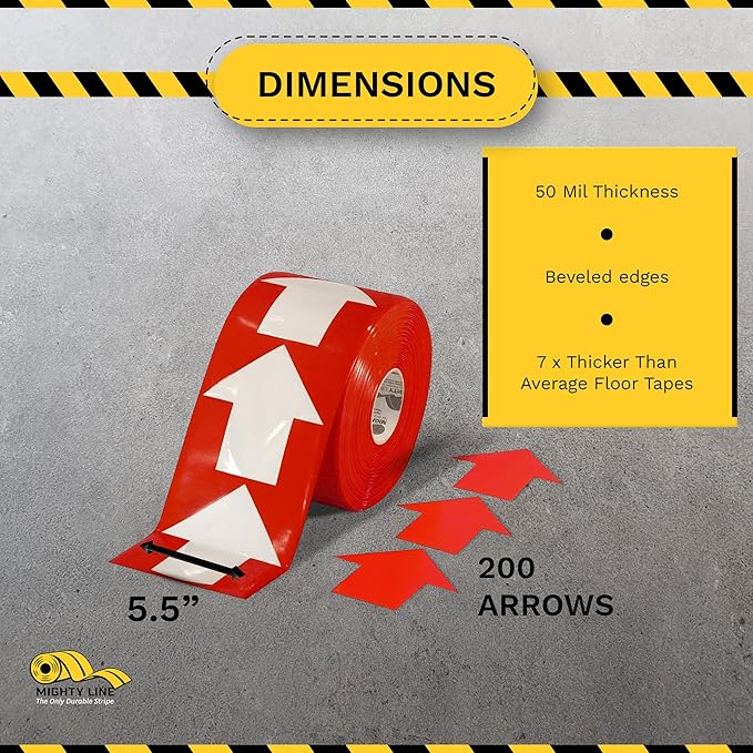 Mighty Line 5.5" Wide Solid Arrows Roll, Directional Sticker Sign Floor Marking Tape for Safety, Caution, Warning, Heavy-Duty, Peel and Stick, Adhesive, Industrial Quality, Red, Pack of 200