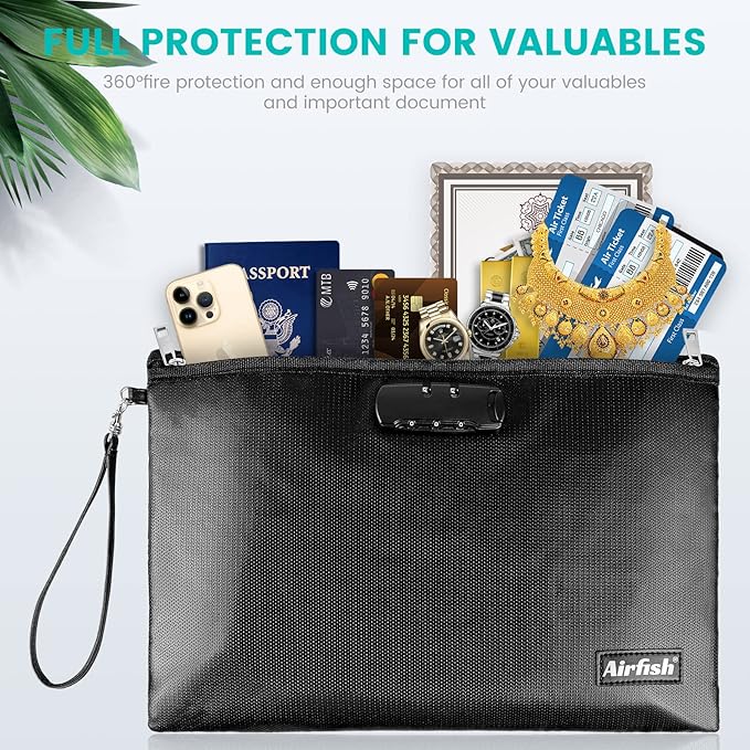 Airfish Fireproof Document Bags with Lock, 14.2 x 10 inches Zipper Closure Money Bag, Safe and Waterproof Storage Pouch for A4 A5 Document, Cash, Watch, Jewelry, Passport, Phone, Pad