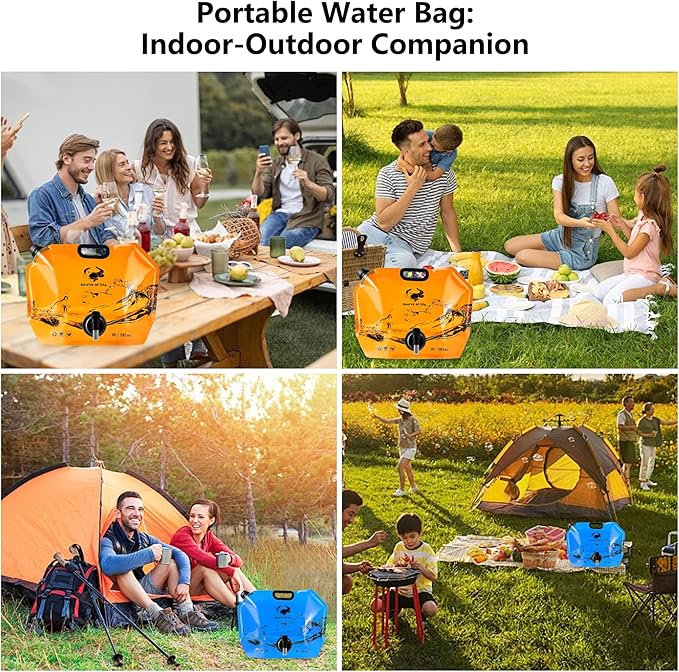 Collapsible 8L Water Storage Bag, BPA-Free Portable Folding Water Jug with Adjustable Faucet, Leakproof Emergency Water Bag for Camping, Hiking, Riding, Outdoor Sport (4, Blue & Orange)