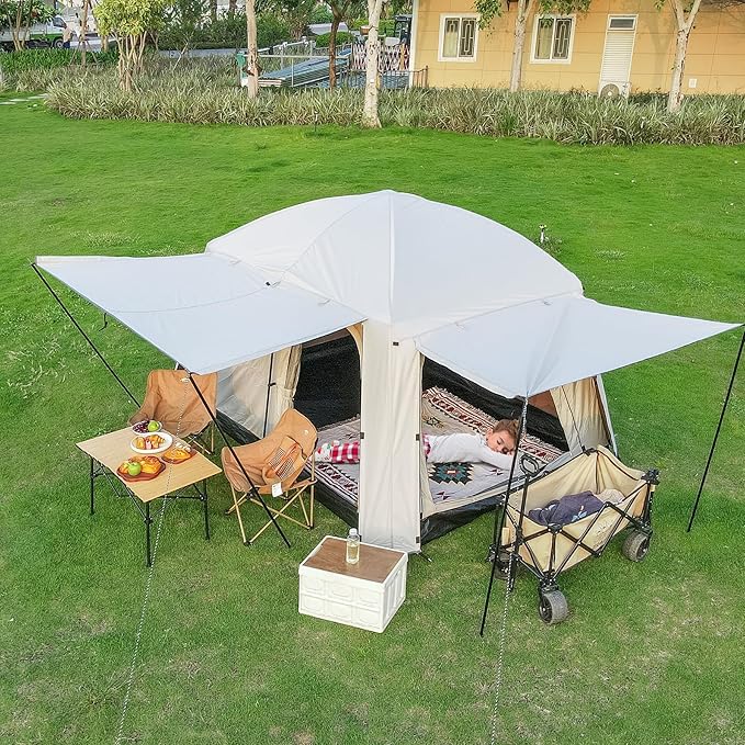 4-6 Person Camping Tent, Large Family Cabin Tents with Porch & Rainfly, Double Layer Waterproof Glamping Tent with 2 Rooms 2 Doors, Portable Big Tents for Outdoor Camping Hiking Party