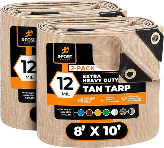 Heavy Duty Tan Poly Tarp 8' X 10' (2-Pack) - Multipurpose Protective Cover - Durable, Waterproof, Weather Proof, Rip and Tear Resistant - Extra Thick 12 Mil Polyethylene - by Xpose Safety