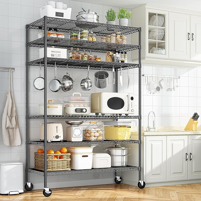 82" H X45 W X18 D Wire Shelving Unit, 6 Tier Adjustable Storage Shelves with Wheels 1200LBS Metal Shelving for Restaurant Garage Pantry Kitchen Closet Commercial,Black