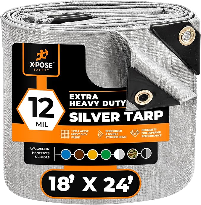 Heavy Duty Silver Poly Tarp 18' X 24' - Multipurpose Protective Cover - Durable, Waterproof, Weather Proof, Rip and Tear Resistant - Extra Thick 12 Mil Polyethylene - by Xpose Safety